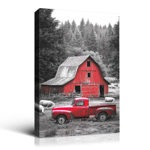 Cozy Rustic Farmhouse Wall Art 24x36 Inch Red Barn Scene With Vintage Red Truck And Sheep, Classic Canvas Print For Home Decor