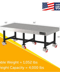 Industrial Grade Welding Fixture Table With Rolling Locking Casters For Pro Mechanics And Fabricators Laser Cut Precision Grid Pattern 96 By 48 By 36 Inches, heavy-duty design with casters.
