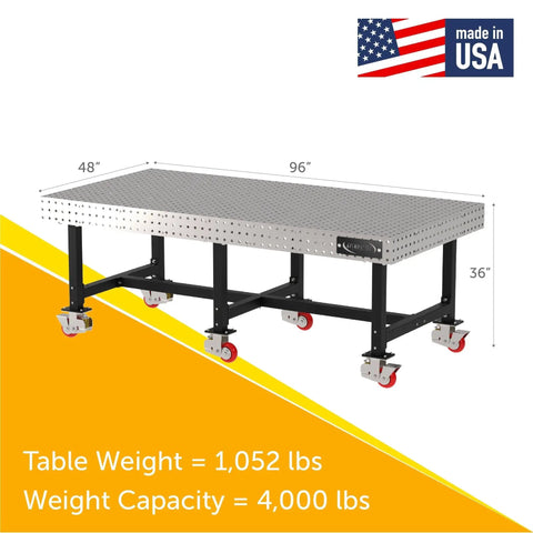 Industrial Grade Welding Fixture Table With Rolling Locking Casters For Pro Mechanics And Fabricators Laser Cut Precision Grid Pattern 96 By 48 By 36 Inches, heavy-duty design with casters.