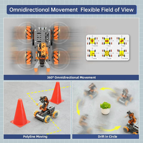 HIWONDER 5DOF AI Vision Robotic Arm on orange mecanum-wheel chassis, DIY robot kit for beginners (front view)