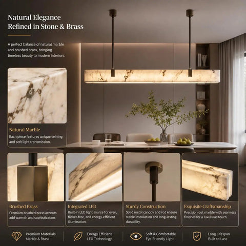 Artpad 47.24-Inch Modern Long Marble Dining Pendant Light, Suspension Lamp in elegant kitchen setting with marble and brass features.