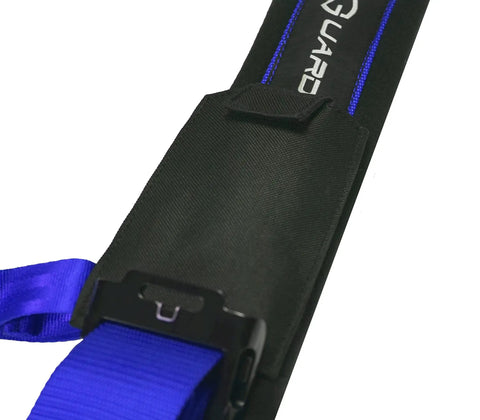 Close-up of Blue 4 Point Harness With 2 Inch Straps For Universal UTV Off Road Use Built To Last Tough As Nails Heavy Duty Safety Harness