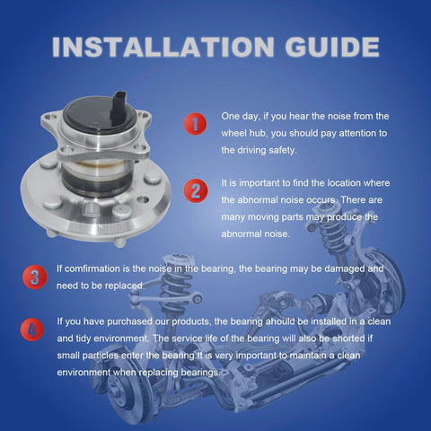 Rear Wheel Bearing And Hub Assembly For 2005 To 2012 Toyota Avalon, 2002 To 2011 Camry, 2004 To 2008 Solara, And 2007 To 2012 Lexus ES350 ES300 ES330 Replacement Drop In Ready Durable And Easy Install Wheel Hub Unit installation guide on blue background