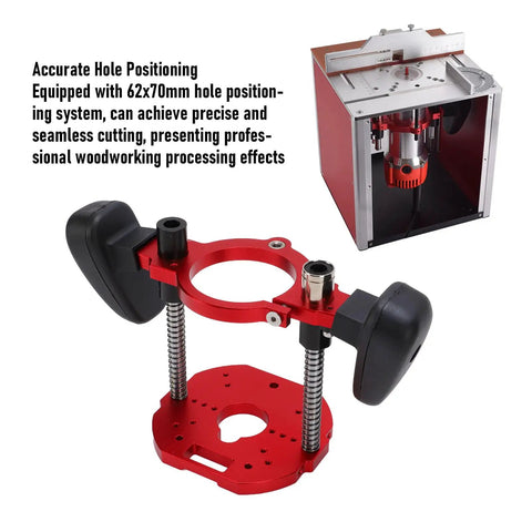 Level Up Your Woodworking Setup With This Heavy Duty Aluminum Router Lift Base Offering Butter Smooth Micrometer Control A Killer 40 Millimeter Stroke And Secure Clamping For Spot On Cuts Every Time. Close-up of heavy duty router lift base showcasing precise hole positioning and anodized aluminum construction.