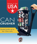 Wall Mounted Can Crusher For Soda And Aluminum 12 Oz Recycling One Hand Operated With Extended Lever Boss Grade Reinforced Nylon Garage Staple Zero Drama Quick Cleanup with cans in basket.
