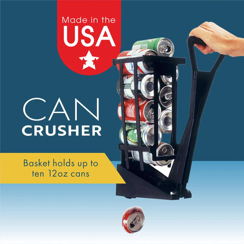 Wall Mounted Can Crusher For Soda And Aluminum 12 Oz Recycling One Hand Operated With Extended Lever Boss Grade Reinforced Nylon Garage Staple Zero Drama Quick Cleanup with cans in basket.