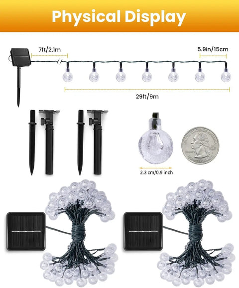 Outdoor Waterproof Solar String Lights 2 Pack, 72 Ft Total, 120 LEDs, 8 Lighting Modes, product layout and components display
