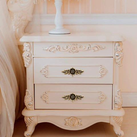 Three Pack Euro Rose Cabinet Knobs With Backplate Vintage Zinc Alloy Flower Drawer Pulls Bronze Finish on nightstand