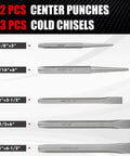 Pro Grade 16 Piece Punch And Chisel Set with center punches and cold chisels dimensions shown, heat-treated chrome vanadium.