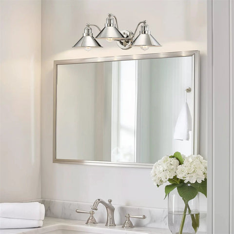 Welton 25.5 Inch Three Light Modern Farmhouse Vanity Light With Funnel Shades Gooseneck Industrial Wall Sconce For Bathroom Polished Nickel Finish