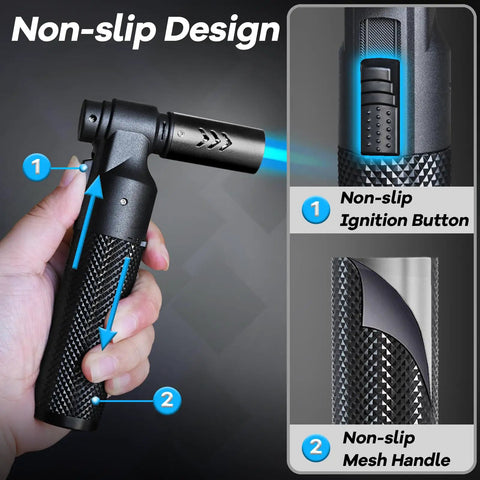 Portable Butane Torch For Cooking And Grilling With Big Jet Flame, featuring non-slip ignition button and mesh handle design.