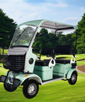 Four Passenger Electric Golf Cart Cruiser Boasting Smooth Riding Solid Steel Rig And Roomy Rear Cargo Area perfect for seniors adults on green course.