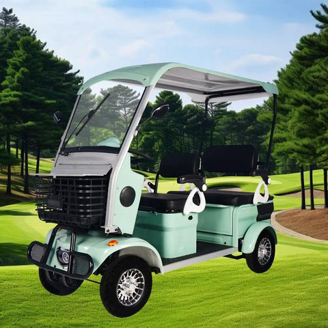 Four Passenger Electric Golf Cart Cruiser Boasting Smooth Riding Solid Steel Rig And Roomy Rear Cargo Area perfect for seniors adults on green course.