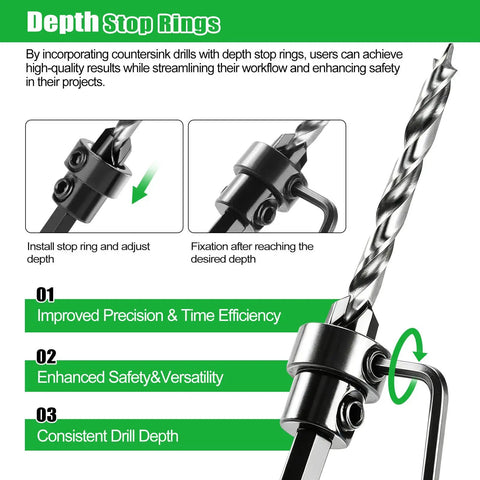 Depth stop rings on Heavy Duty Countersink Drill Bit Set, 23 Piece Tapered Wood Bits With Plug Cutter, Slick Hex Shank, adjustable for precision.