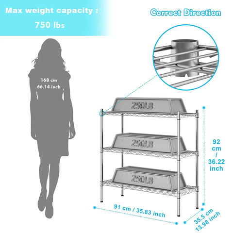 Three-Tier Heavy-Duty Chrome Wire Shelving Rack With Adjustable Shelves Space-Saving Storage Unit Holds Up To 250 Lbs Per Shelf 750 Lbs Total Rust-Resistant Waterproof Easy Assembly For Garage Kitchen Laundry, 92 cm tall