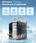 Bad Boy 1.1 Cubic Foot Mini Freezer Black Upright Compact Cold Storage Appliance with frozen food and ice splashes.