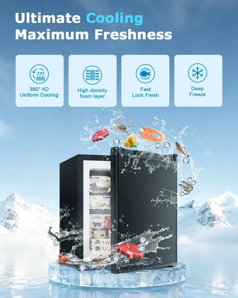 Bad Boy 1.1 Cubic Foot Mini Freezer Black Upright Compact Cold Storage Appliance with frozen food and ice splashes.