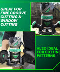 Person using Fixed Base Router Built For Pros with 11 Amp Variable Speed Power and Two and One Quarter Peak HP for precise cuts
