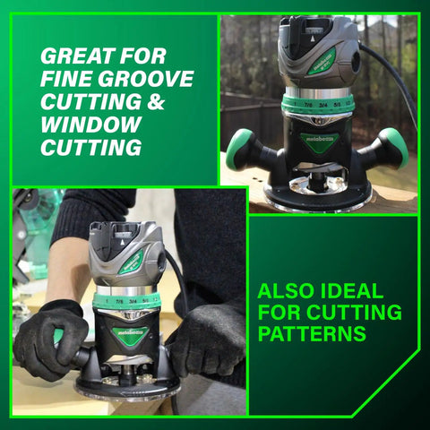 Person using Fixed Base Router Built For Pros with 11 Amp Variable Speed Power and Two and One Quarter Peak HP for precise cuts