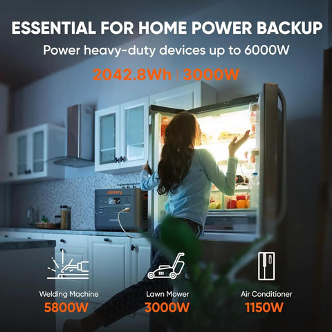 Woman using Go-To High Capacity Portable Power Station With 2042Wh LiFePO4 Battery, 3000W AC Output, Solar Generator in kitchen