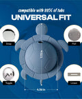 Silicone Turtle Bathtub Overflow Drain Cover In Sea Grass Green, showing universal fit dimensions of 7.72 in by 4.56 in.