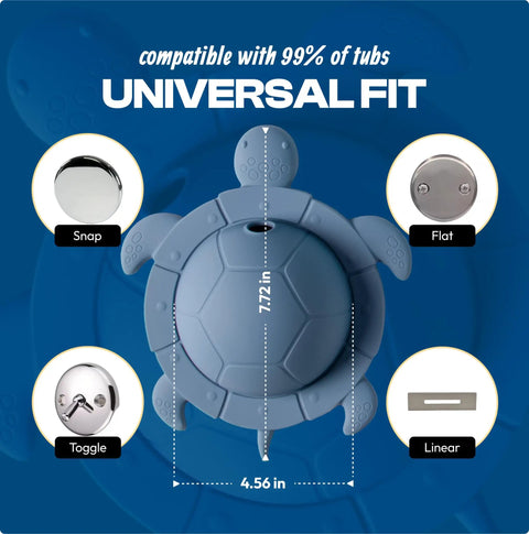 Silicone Turtle Bathtub Overflow Drain Cover In Sea Grass Green, showing universal fit dimensions of 7.72 in by 4.56 in.