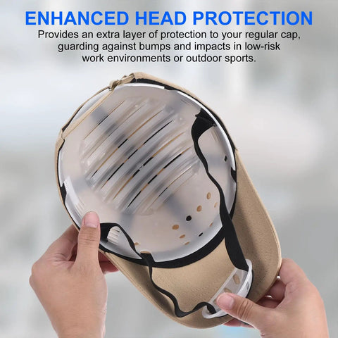 Two Pack PE Lined Bump Cap Inserts For Head Protection, Lightweight Universal Baseball Hard Hat Inserts With Adjustable Strap, White, Fits 58 To 62 Cm Heads, 180mm L x 190mm W x 105mm H shown inside a baseball cap.