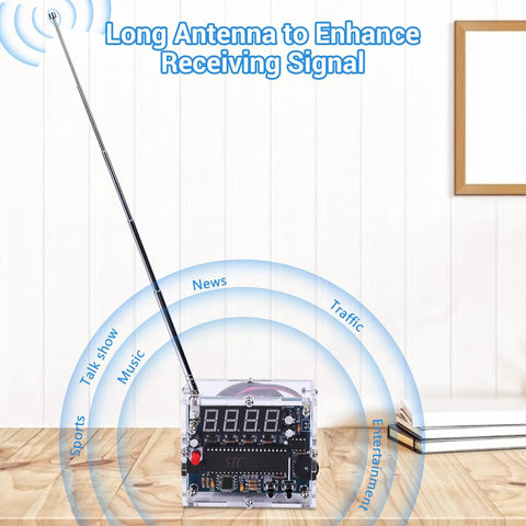 FM Radio Kit For Learning And DIY Soldering Practice 87 To 108MHz Adjustable Radio Module with antenna on table