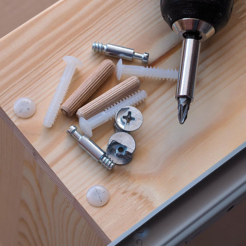 Tools and components on wood surface with 160 Pack 17mm White Screw Cap Covers Waterproof Plastic Decorative Caps For Phillips Cam Lock Nuts And Self-Tapping Screws, Fits 15mm Nut Diameter, PP Material