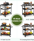 Outdoor Grill Cart Table With Pizza Oven Stand For Indoor And Outdoor Cooking 4 Locking Casters Side Handle Hooks Spice Caddy Paper Towel Holder Large Prep Surface Heavy Duty Black displayed with different grill options.