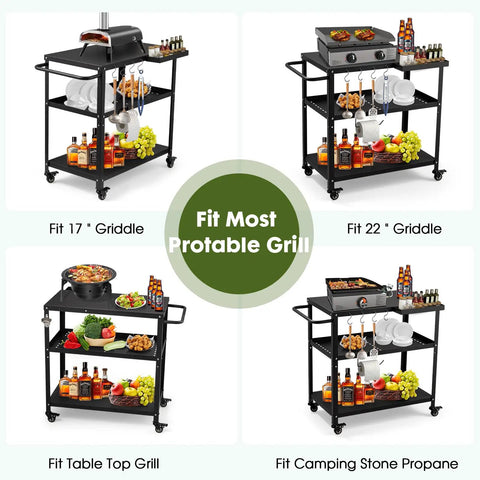 Outdoor Grill Cart Table With Pizza Oven Stand For Indoor And Outdoor Cooking 4 Locking Casters Side Handle Hooks Spice Caddy Paper Towel Holder Large Prep Surface Heavy Duty Black displayed with different grill options.