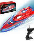 Spider Hero RC Boat 2.4GHz Remote Control Boat With LED Lights For Kids, box and remote, red and blue design with water spray effect