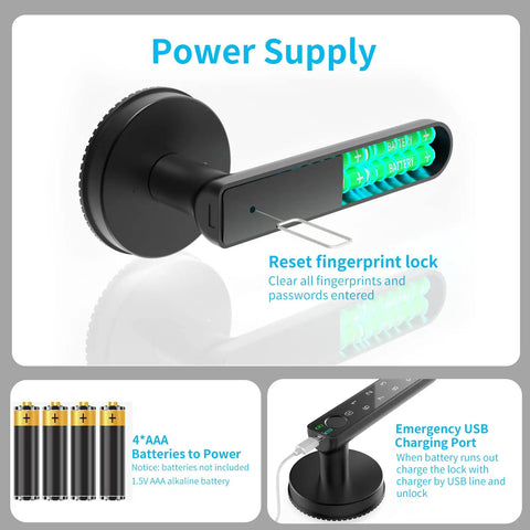 Fingerprint Door Lock With Keypad And Password For Easy No Key Entry Hassle Free Smart Handle Door Knob For Home Office Bedroom Apartment Black Wider Sensor Fast Unlock Three Ways To Unlock with power supply options and emergency USB charging port