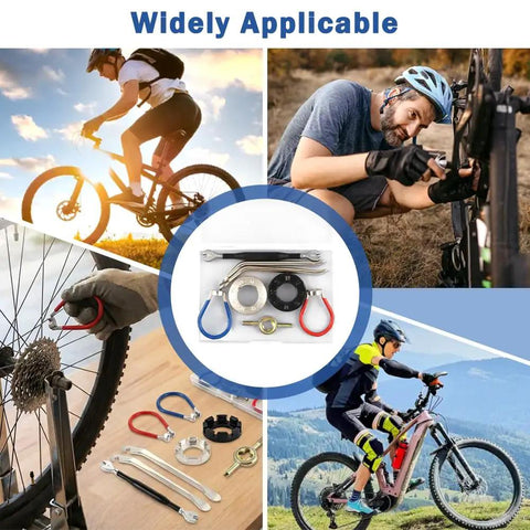 Eight Piece Bike Spoke Wrench Tool Kit For Rim Truing And Tire Levers With Storage Box shown with cyclists and repair tools