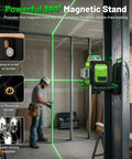 3D Laser Level With 360 Degree Green Laser, Self Leveling ST03CG, Kicks Out 3x360 Degree Coverage For A Full Room Layout On Floors, Walls, And Ceilings, Fast Line Switching, Dead-On Vertical And Horizontal Alignment. Magnetic stand mounted on steel frame