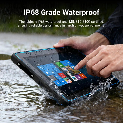 Top Tier ATEX Certified Explosion Proof Rugged Tablet 10 1 Inches Built Like A Tank For Hazardous Work Zones With Hella Tough Ip68 Shielding And Rock Solid Intel N5105 Specs Running Windows 11 submerged in water, showcasing IP68 waterproof feature.