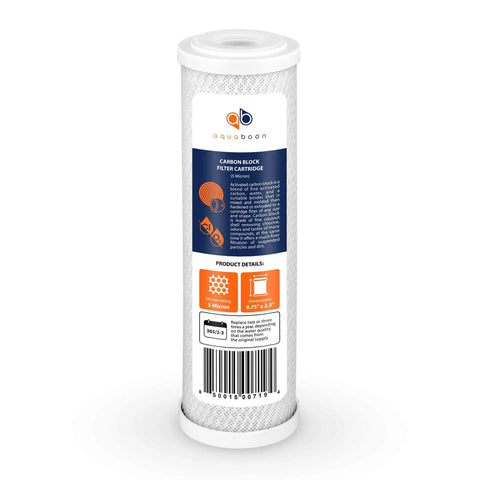 5 Micron 10x2.5 Household Water Filter Cartridges, Set Of 12 For Your Whole House Filtration, Sediment And Activated Carbon Replacement For Rust, Sand, VOCs And Bad Taste, Compatible With WHKF-WHWC, P5, WHKF-GD05, showing a single filter cartridge with label and specifications.