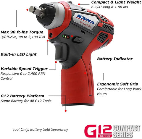 G12 Series 12V Cordless Three Eighths Inch Ratchet And Impact Wrench Combo Kit Pro Grade with specs overview