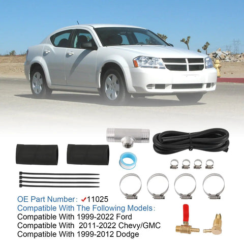 Diesel Gravity Fed Auxiliary Fuel Tank Install Kit for Ford Dodge Chevy and GMC Trucks with components and car in background