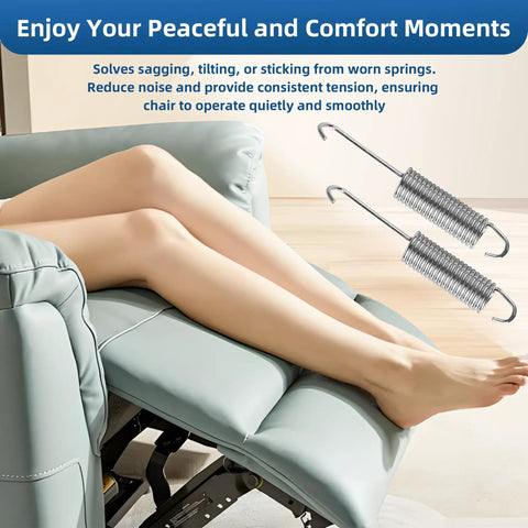 Real Deal No Fuss 2 Pack 4.5 Inch Replacement Spring For Recliner And Couch Heavy Duty Extension Parts with reinforced hooks beside reclining chair.