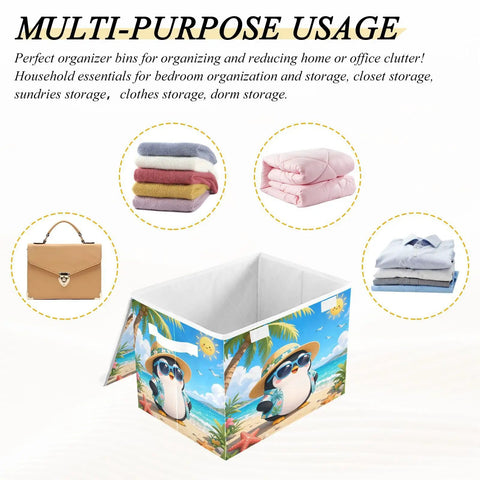 Heavy Duty Foldable Storage Bin With Secure Lid And Easy Grab Handles For Bedroom Closet Organizers, collapsible toy box with a beach design.
