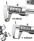 Measuring 1000 Pack Half Inch Black Iron Shoe Nails Rust Resistant Boot Studs with calipers showing 0.16inch and 0.53inch sizes.
