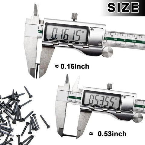 Measuring 1000 Pack Half Inch Black Iron Shoe Nails Rust Resistant Boot Studs with calipers showing 0.16inch and 0.53inch sizes.