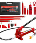 Big Red 4 Ton Porta Power Auto Body Repair Kit with hydraulic ram, extension tubes, and carrying case for vehicle repairs.