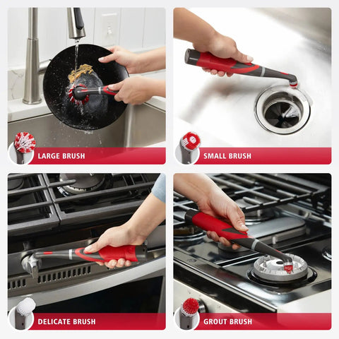 Kick Serious Grime With This Cordless Power Scrubber Kit An Oscillating Cleaning Rig Boasting 18 Tools Plus Extra Brush Heads And Fresh Pads For No Sweat Deep Cleaning On Grout Tiles And Bathroom Floors Without Any Elbow Grease Or Fuss showing various brush heads being used for cleaning surfaces.