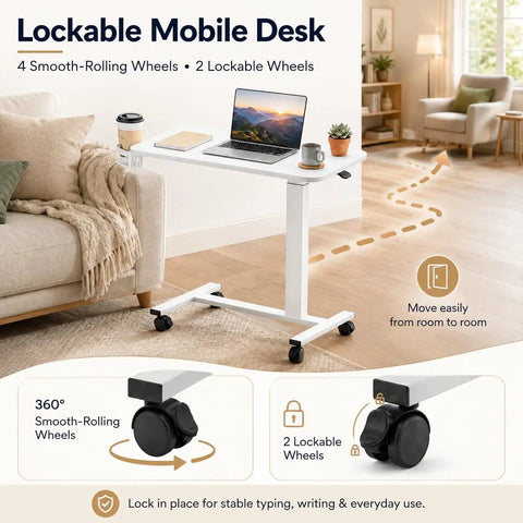 Smooth Operator Mobile Rolling Desk With Lockable Casters And Pneumatic Height Adjustment From Twenty Eight To Forty One Inches, white desk with lockable casters and laptop.