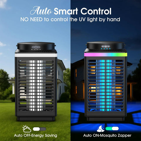 Cordless Rechargeable Bug Zapper Outdoor 4 In 1 4200V Electric Mosquito Zapper With 5000mAh Battery shown in day and night use outdoors