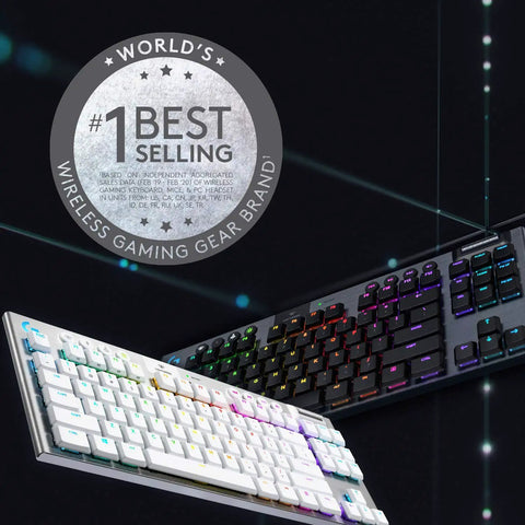Game Changing Tenkeyless Wireless Mechanical Gaming Keyboard Featuring Crisp Tactile Switches Slick Syncable RGB Lighting Zero Lag Wireless Connection And Heavy Duty All Day Battery For Battle Ready Setups Black showcased with a badge.