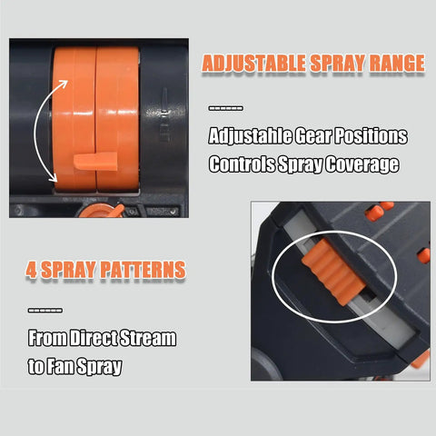 Close-up of adjustable gears on upgraded 16 nozzle oscillating sprinkler with dual zone water timer for garden.