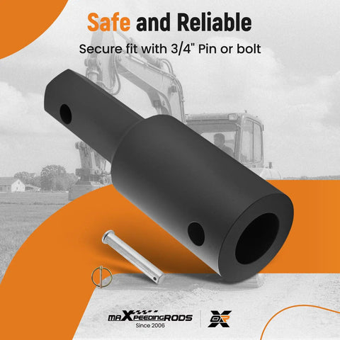 Dead Simple Auger Adapter Coupler Swapping Two Inch Female Round Drives For Two Inch Male Hex Bits On Mini Skid Steers And Post Hole Diggers With Quick Three Quarter Pin Lock Mount, featuring a 3/4" pin.